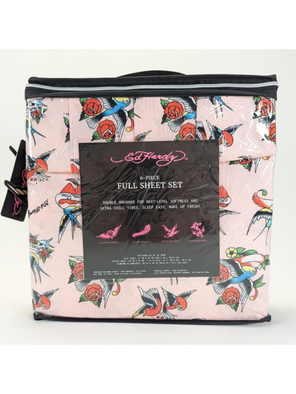 Ed Hardy Full Sheet Set 6-Piece w 4 Pillowcases Pink Bird Rose Tattoo Sheets - Picture 4 of 6